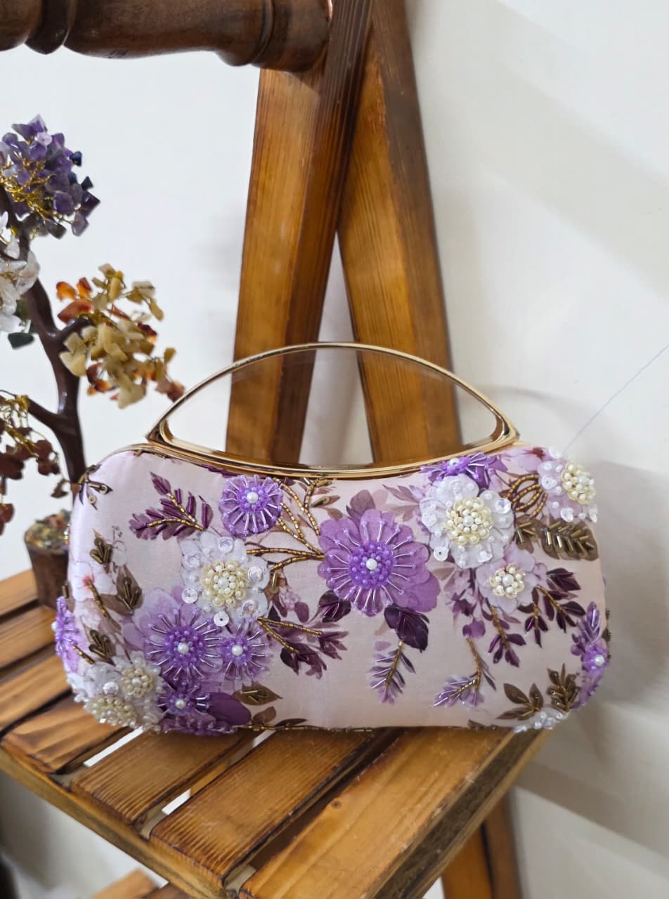 Lilac Lavender Floral Embroidered Box Clutch with Pearl Accents