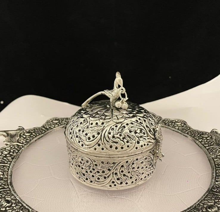 German Silver Round Kumkum Box with Bird Finial & Bells