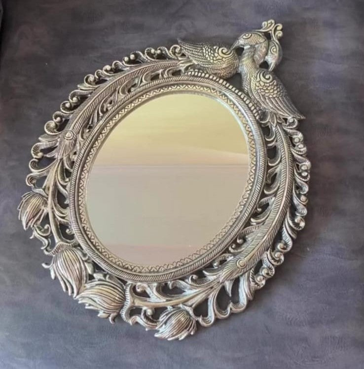 German Silver Oval Mirror with Peacock & Floral Carving