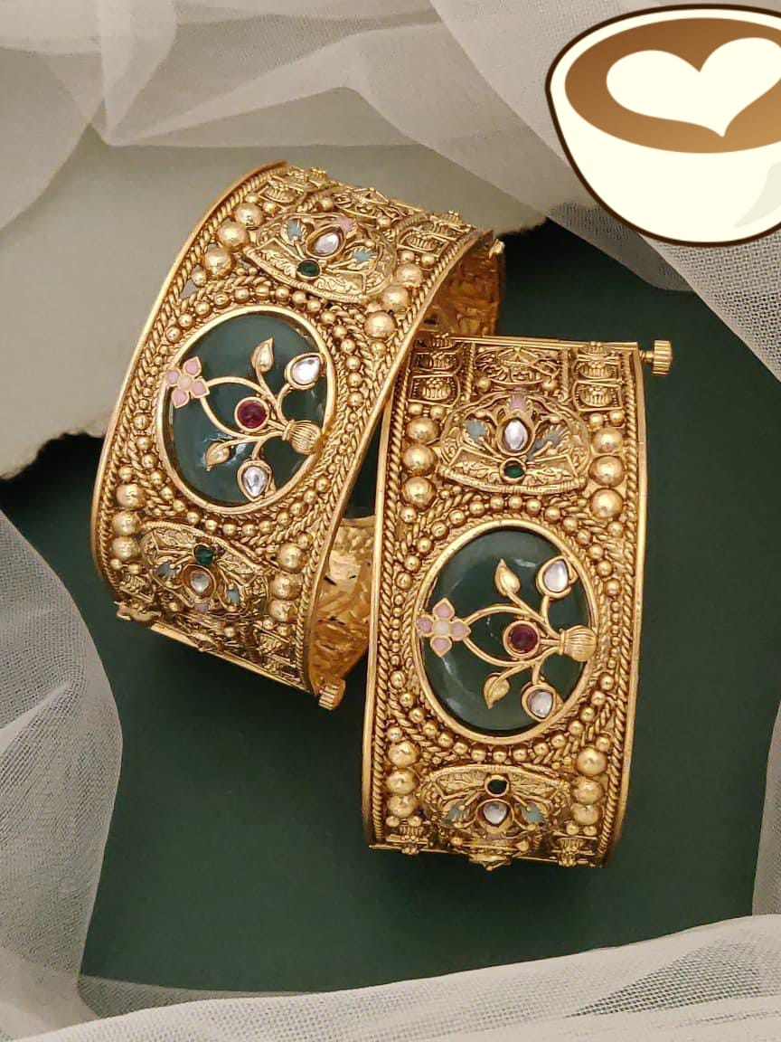 Gold Plated Emerald Green Floral Polki Kada Bangles (Pair)