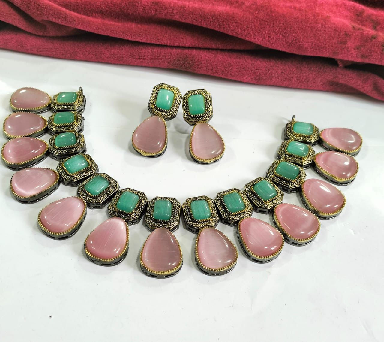 Gold Plated Mint Green & Dusty Pink Geometric Stone Necklace Set