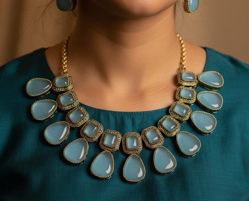 Gold Plated Powder Blue Geometric Stone Necklace Set