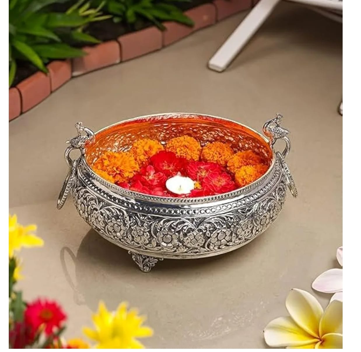 German Silver Peacock Handle Urli Bowl