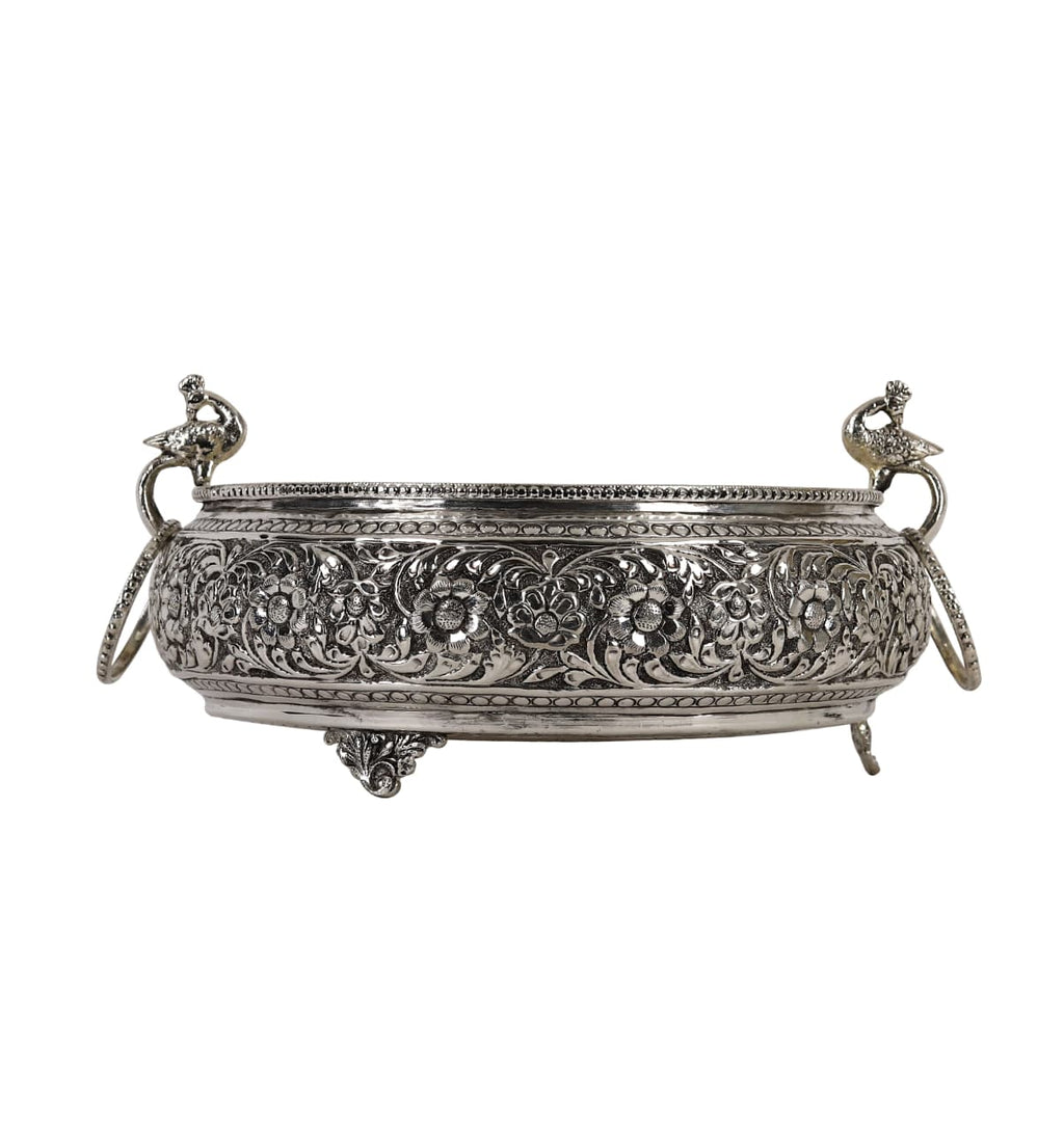 German Silver Peacock Handle Urli Bowl