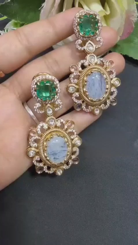 Gold Plated Drop Earrings with Emerald Green & Icy Blue Stones