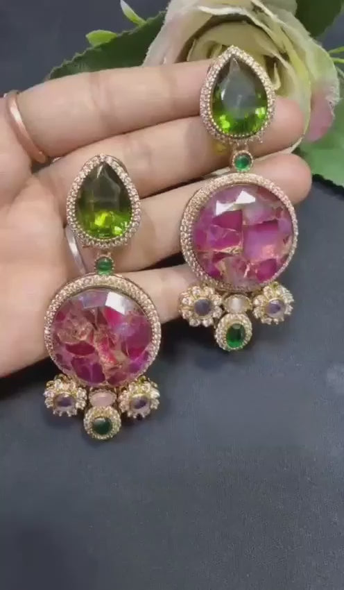 Gold Plated Statement Drop Earrings with Peridot Green & Magenta Stones