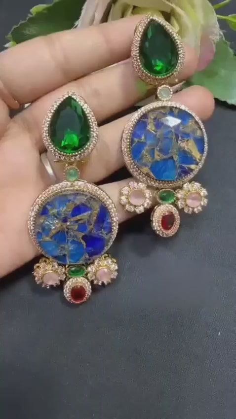 Gold Plated Statement Earrings with Emerald Green & Lapis Blue Stones