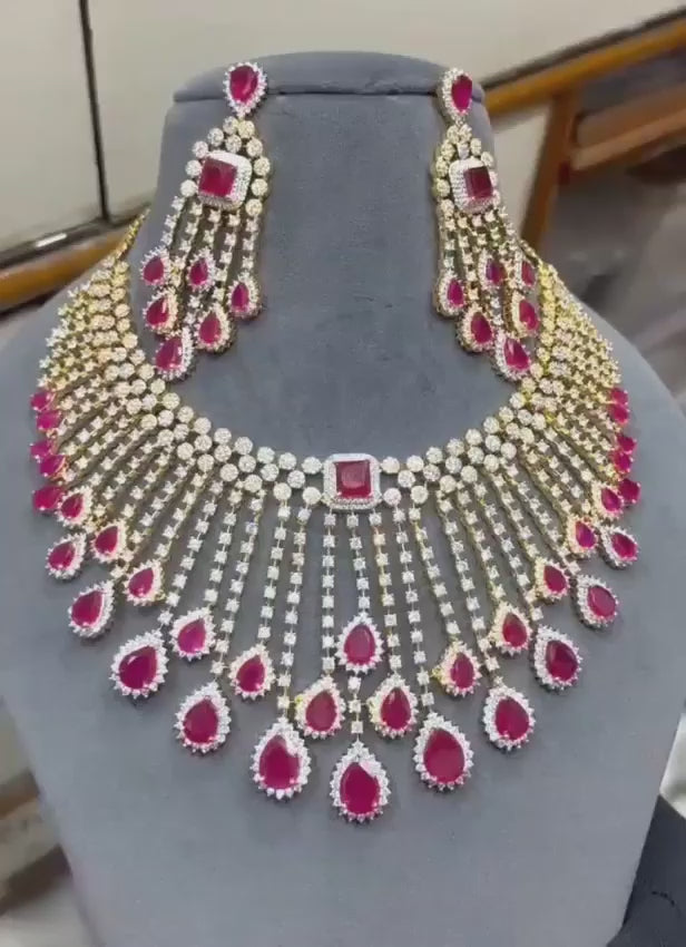 Gold Plated American Diamond Choker Set with Ruby Red Drops