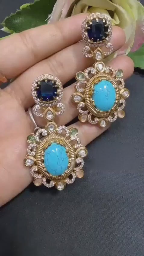 Gold Plated Kundan Style Drop Earrings with Turquoise & Sapphire Blue Stones