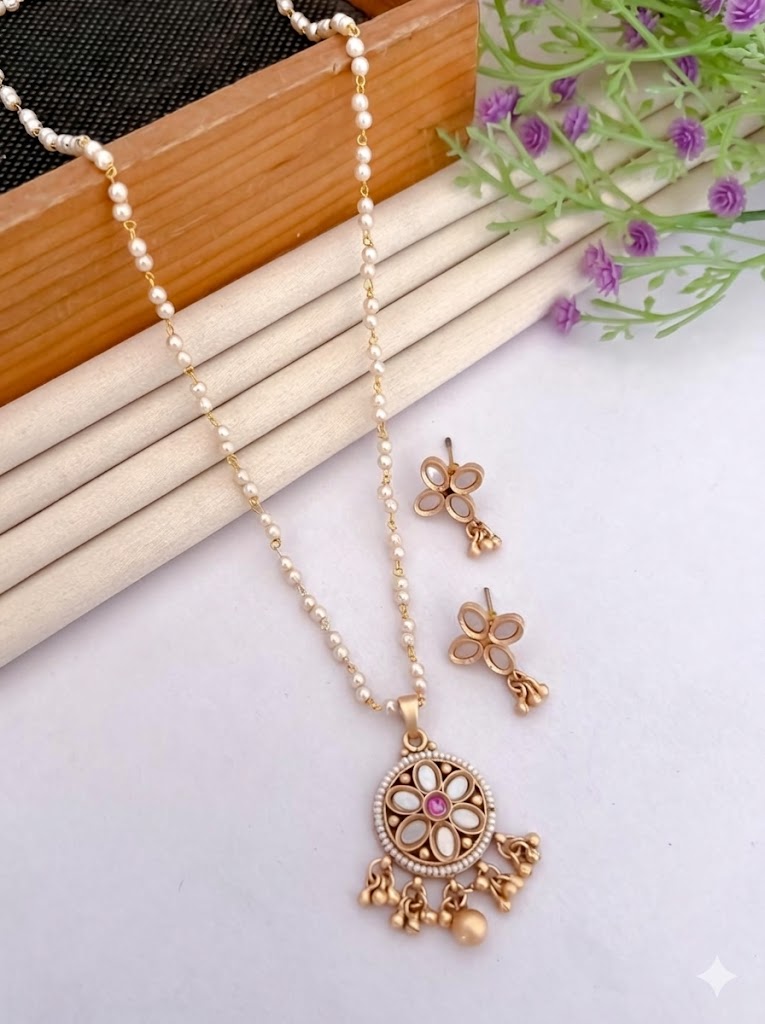 Matte Gold Plated Pearl Chain Necklace with Floral Pendant