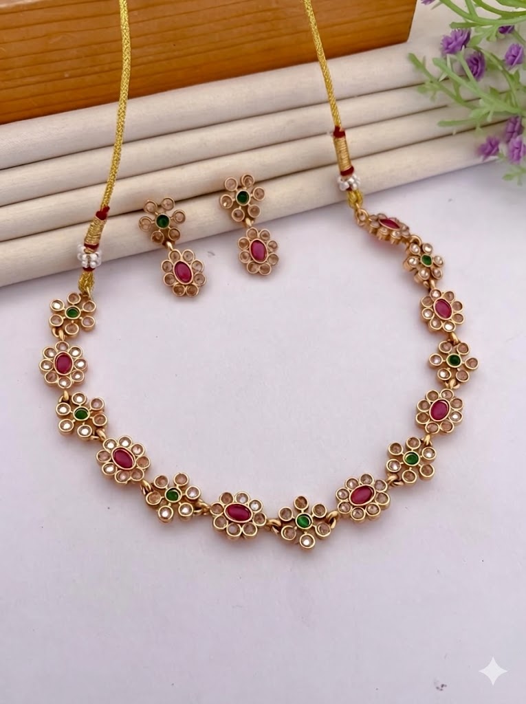 Rose Gold Plated Pink & Green Floral Chain Necklace Set
